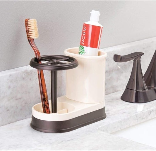 mDesign Decorative Bathroom Dental Storage Organizer Holder Stand for Electric Spin Toothbrush/Toothpaste - Compact Design for Countertop and Vanity, Holds 4 Standard Brushes - Vanilla/Bronze