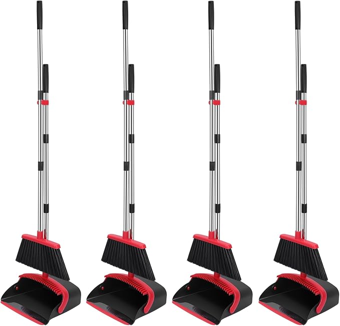 NACENA Broom and Dustpan Set, 52-in Long Adjustable Handle Broom Dustpan Combo with Dustpan Teeth to Automatically Clean Hair Suitable for Home Kitchen Office Hall Floor (Black&Red), 4 Pack