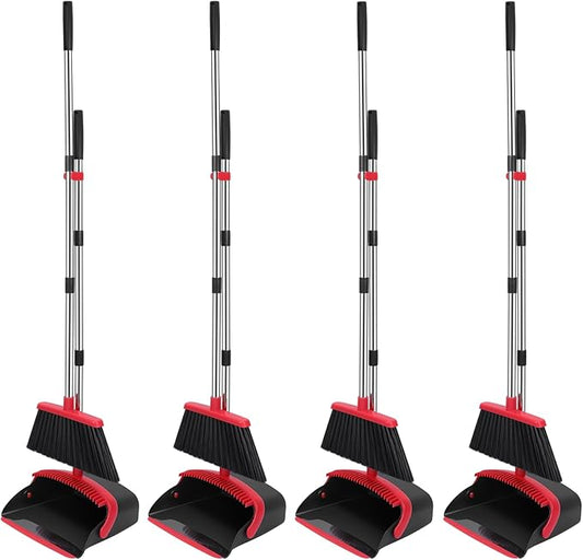 NACENA Broom and Dustpan Set, 52-in Long Adjustable Handle Broom Dustpan Combo with Dustpan Teeth to Automatically Clean Hair Suitable for Home Kitchen Office Hall Floor (Black&Red), 4 Pack