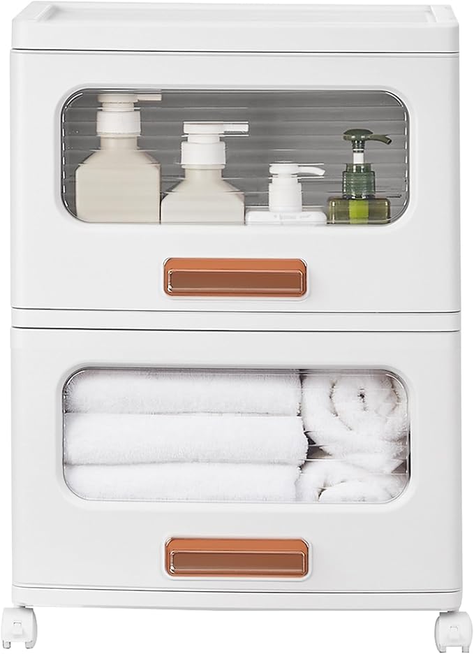 VECELO Stackable Storage Drawers Cabinet with Wheels, Storage Bins Pull Out, Waterproof Drawer Closet Organizer, Multi-Tier Stackable Design for Bedroom/Livingroom/Bathroom, Medium, 2-Tier