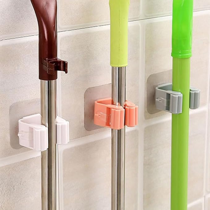 Broom And Mop Holder Clip 4 Pcs Mop Broom Wall Mounted Heavy Duty With Plastic Hooks Hanger No Drilling Mop Gripper For Home Bathroom Kitchen (white)