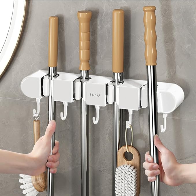 Mop Broom Holder Wall Mounted, 5 Racks and 4 Hooks Punch Free Mop and Broom Holder Wall Mount Broom Rack, Heavy Duty Hooks Self Adhesive Solid Non-slip for Home Kitchen Garden Laundry (3, White)