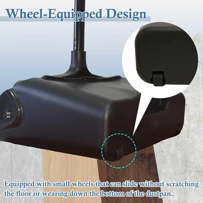 Broom and Dustpan Set with Long Handle and Wheels, Upright Standing Heavy Duty Large Dust Pan and Broom Combo for Indoor Outdoor, Kitchen, Garage, Restaurant Cleaning – Black