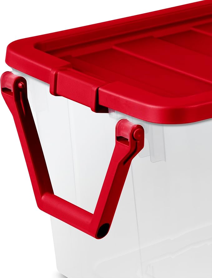 Sterilite 4 Pack Wheeled Storage Box, Large Clear Plastic Container, Durable Home Organizer with Red Lid and Rotating Handle, 160 Quart