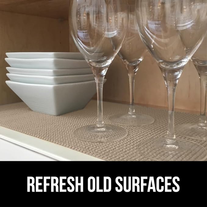 GORILLA GRIP powerGRIP Drawer Shelf and Cabinet Liner, Thick Strong Hold, Non-Adhesive Liners Protect Kitchen Cabinets and Cupboard, Bathroom Drawers, Easy Install, Breathable Mat, 17.5" x30', Beige