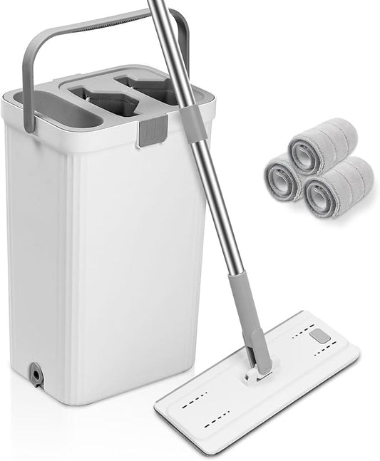 Flat Floor Mop and Bucket Set with Wringer, Flat Mops for Floor Cleaning, Wall Mop Cleaner with Long Handle, Hardwood Floor Mop with 3 Microfiber Pads (XF)