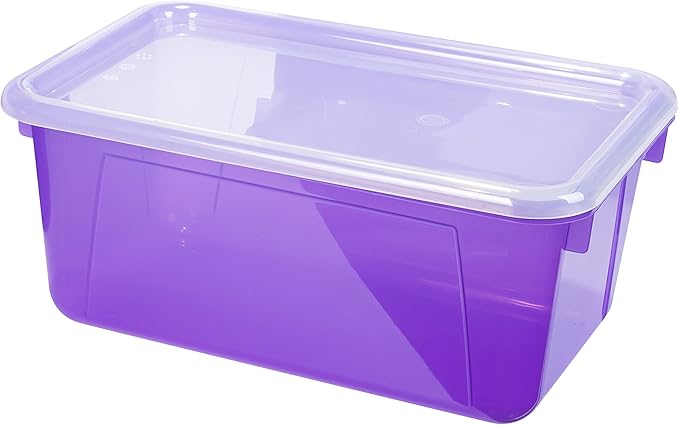 Storex Small Cubby Bins – Plastic Storage Containers for Classroom with Non-Snap Lid, 12.2 x 7.8 x 5.1 inches, Tint Violet, 5-Pack (62484U05C)