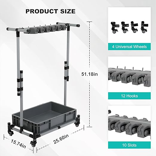 Rolling Cleaning Cart with Mop & Broom Organizer,Movable Floor-Mounted Mop Rack Floor Standing Cleaning Tool Cart with Wheels for Housekeeping, Garage &Garden