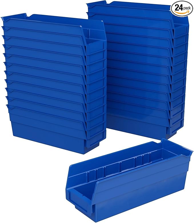 Akro-Mils 30120 Plastic Shelf Bins, Heavy Duty Storage Bins for Garage, Closet, and Drawer Organization, 12-Inch x 4-Inch x 4-Inch, Blue, 24-Pack