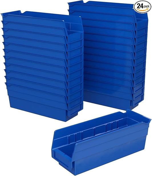 Akro-Mils 30120 Plastic Shelf Bins, Heavy Duty Storage Bins for Garage, Closet, and Drawer Organization, 12-Inch x 4-Inch x 4-Inch, Blue, 24-Pack