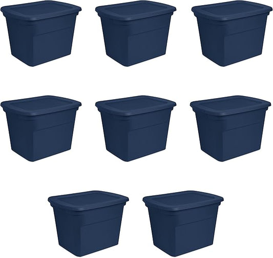 Sterilite 18 Gal Storage Tote, Stackable Bin with Lid, Plastic Container to Organize Clothes in Closet, Basement, Blue Base and Lid, 8-Pack