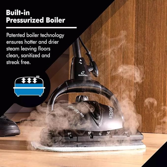 Euroflex Vapour Premium Steam Mop 9-Piece Set with Ultra Dry Steam; Consumer Reports Recommended; Commercial Grade 295°F & 50 PSI; Invented in Italy; Kills 99.9% Germs & Viruses; 5 Year Warranty
