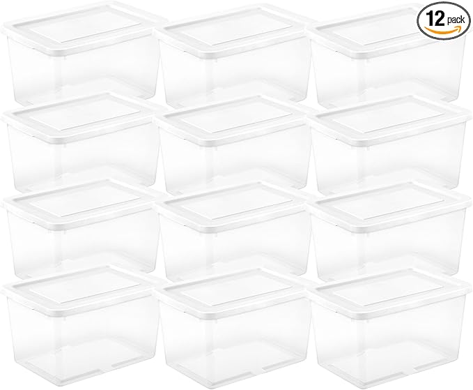 Sterilite 12 Pack Storage Boxes, Clear Plastic Stackable Containers, Lightweight Home Organizers with Snap Lids, 20 Quart, White