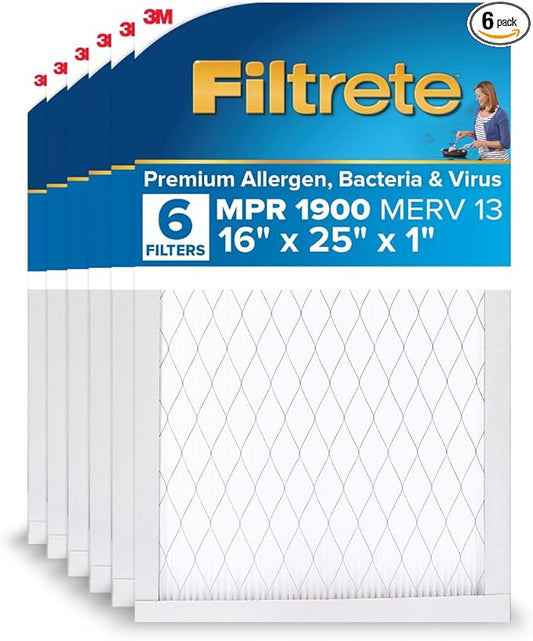 Filtrete 16x25x1 AC Furnace Air Filter, MERV 13, MPR 1900, Premium Allergen, Bacteria & Virus Filter, 3-Month Pleated 1-Inch Electrostatic Air Cleaning Filter, 6-Pack (Actual Size 15.69x24.69x0.78 in)