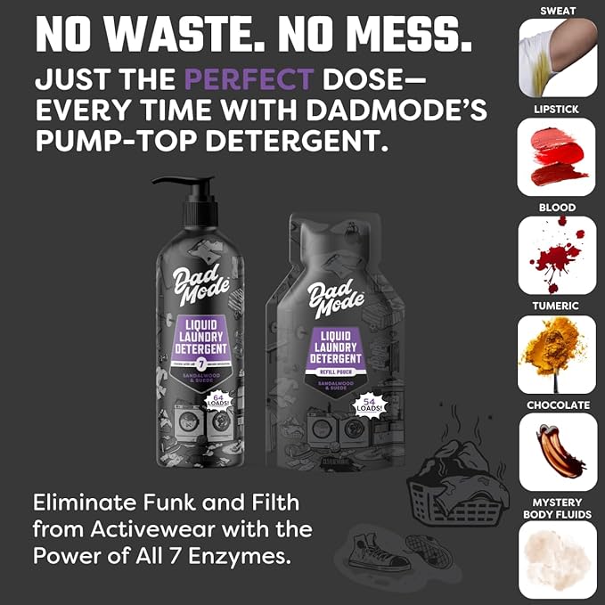 DadMode Liquid Laundry Detergent, Value Pack, 16oz Bottle + 13.5oz Refill, 7-Enzyme Detergent, Sandalwood & Suede Scent, Eco-Friendly, Zero Plastic Waste