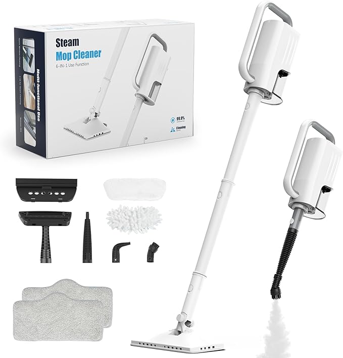7-in-1 Steam Mop, 1200W Rotated Steam Cleaner for Home, 2 Modes, 400ML Removable Tank, 23FT Power Cord, 2 Pads, Multi-Surface Steamer for Hard Floor, Laminate Floor, Tiles Cleaning (Snow White)