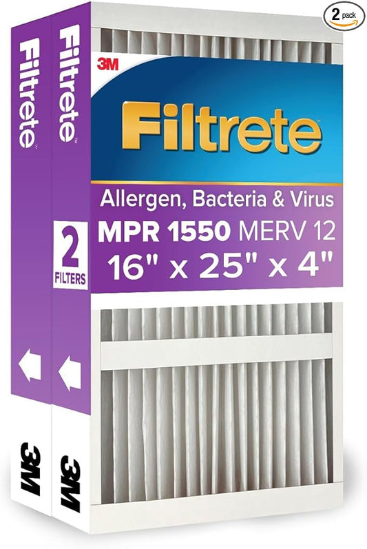 Filtrete 16x25x4 AC Furnace Air Filter, MPR 1550, MERV 12, Fits Lennox & Honeywell, Certified Asthma & Allergy Friendly, Electrostatic Air Cleaning Filter, 2-Pack (Actual Size 15.88x24.56x4.31 in)