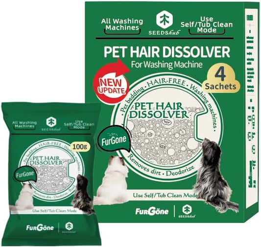 FURGONE by Seedshub Upgarded Pet Hair Dissolver Pro Washing Machine Cleaner Powder, Deep Cleaning Pet Bedding,100g, 4 Sachets, Dog Cat Hair | Stain | Odors Remover for Laundry, No More Fur