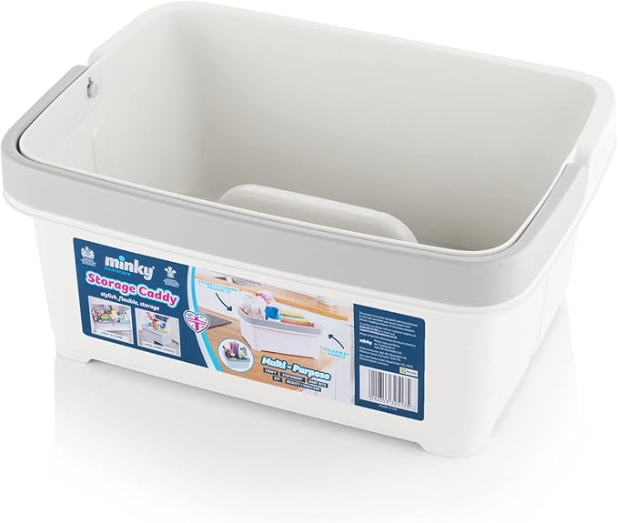 Minky Large Storage Caddy - Easy to Clean Plastic Storage Bin with Foldaway Handle - Perfect for Cleaning, Crafts, Baby Items, DIY - Great for Pantry, Fridge & Organization - Made in UK (White)