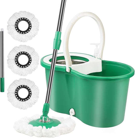 Spin Mop and Bucket with Wringer Set, 360°Spin Mop & Bucket Floor Cleaning System Mop Bucket with Adjustable Extended Handle 3 Microfiber Replacement Head Refills, Green