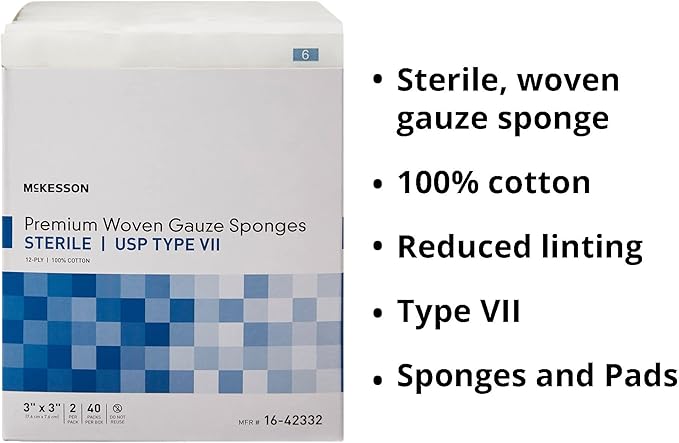 McKesson Premium Woven Gauze Sponges, Sterile, 8-Ply, USP Type VII, 100% Cotton, 2 in x 2 in, 2 per Pack, 1500 Packs, 3000 Total