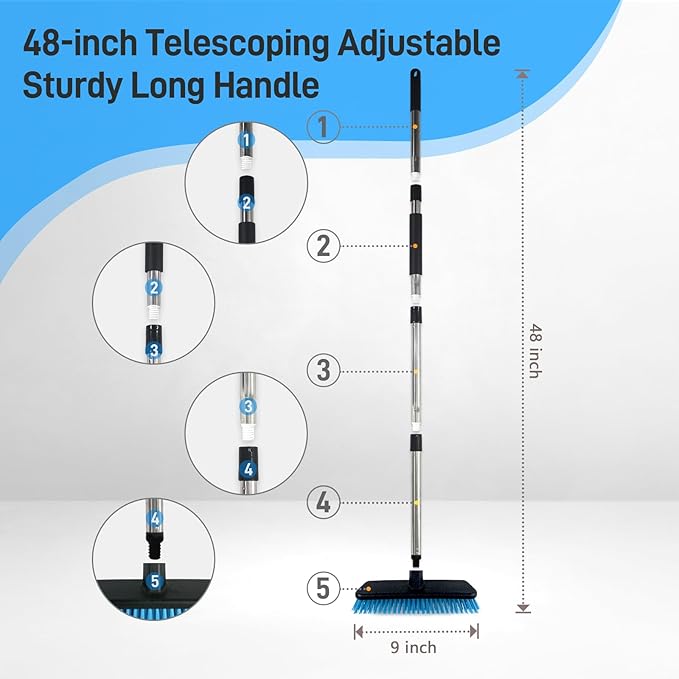 Deck Brush with Retractable Long Handled Floor, Floor Scrub Brushes, Heavy-Duty Push BroomBrush, 55" Brush Stiff Bristle Scrubbing Brush for Cleaning Bathroom Kitchen Carpets Garage and Tiles