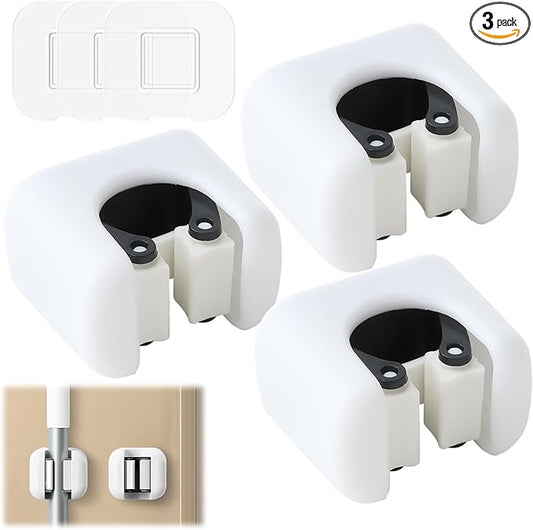 Broom Holder, Wall Mount Mop Organizer, Self-Adhesive Cleaning Supplies Hanger Rack for Bathroom Kitchen Garage Garden Space-Saving, Durable and Water-Resistant Broom Storage Solution, 3 Pack