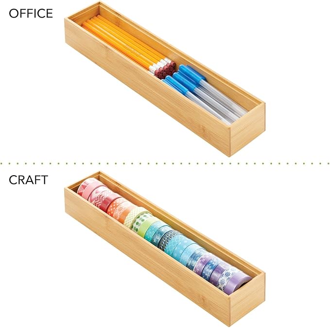 mDesign Slim Wooden Bamboo Drawer Organizer - 15" Long Stackable Storage Box Tray for Kitchen Drawers/Cabinet - Utensil, Silverware, Spatula, Flatware Holder - Echo Collection, 2 Pack, Natural Wood