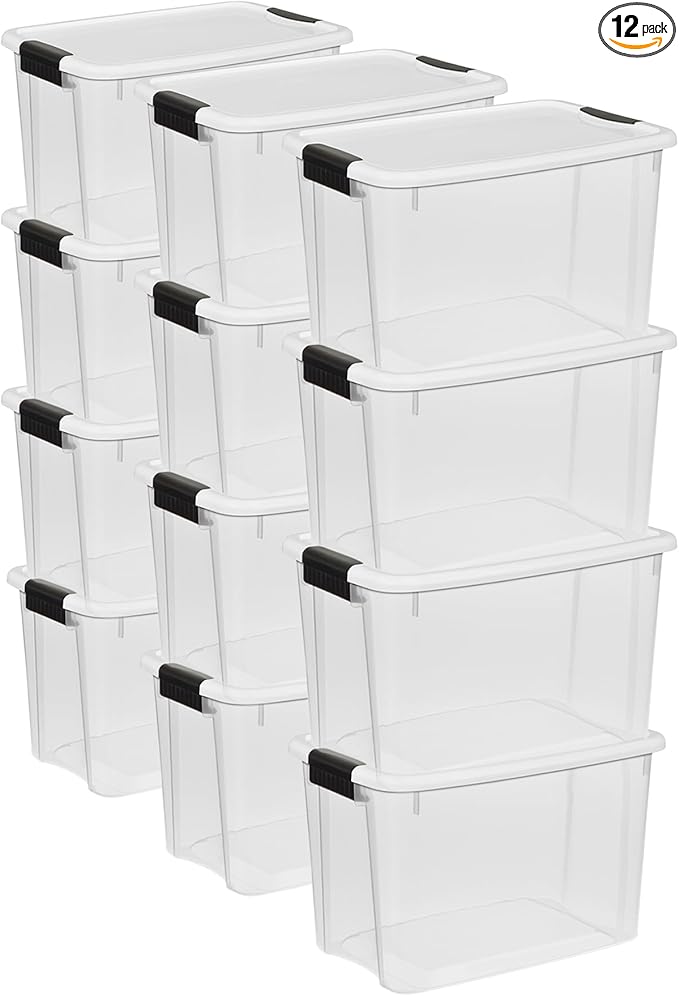 STERILITE 30 QT. ULTRA-LATCH STORAGE BOX WITH WHITE LID AND CLEAR BASE 12-PACK 12 X