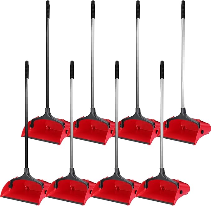 Weewooday 8 Pieces Commercial Lobby Dustpan Plastic Upright Dust Pan with Long Handle Metal Upright Dustpan Heavy Duty for Restaurants Commercial Lobby Garage Home and Outdoors Use (Red)