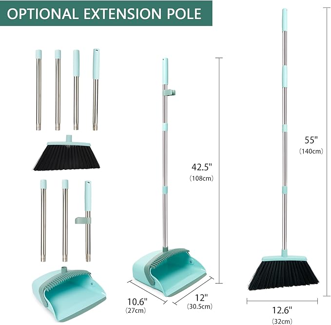 Broom and Dustpan Set, Dustpans with Broom Combo for Home, Heavy Dust Broom and Dustpan Combo, Long Handle Dust Pan and Broom Set for Kitchen, Office, Pet Hair,Green, Pack of 1