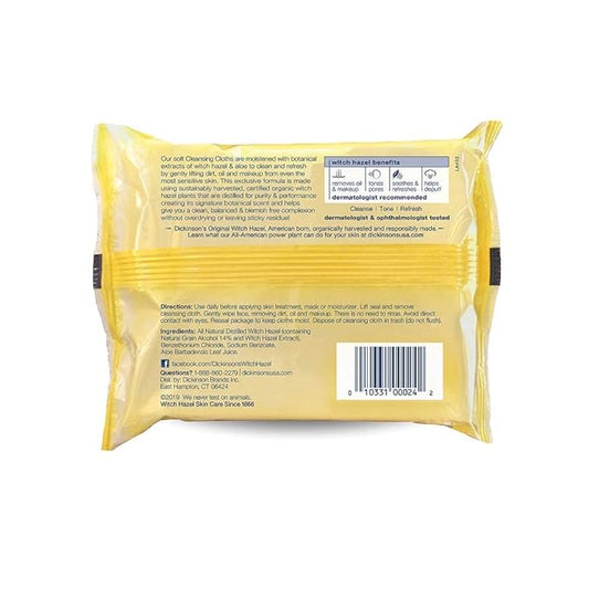 Dickinson's Original Witch Hazel Refreshingly Clean Cleansing Cloths with Aloe, 4 Pack, 25 Cloths per Pack