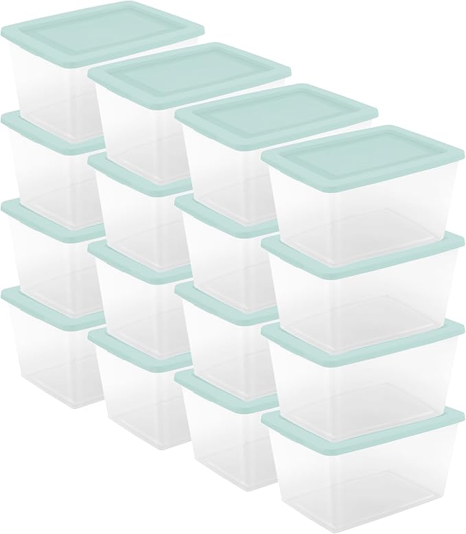 Sterilite 16 Pack Storage Boxes, Clear Plastic Stackable Containers, Lightweight Home Organizers with Snap Lids, 58 Quart, Mindful Mint