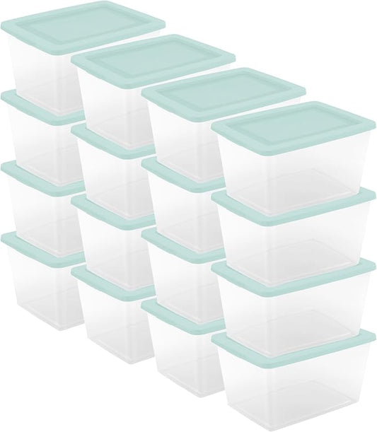 Sterilite 16 Pack Storage Boxes, Clear Plastic Stackable Containers, Lightweight Home Organizers with Snap Lids, 58 Quart, Mindful Mint
