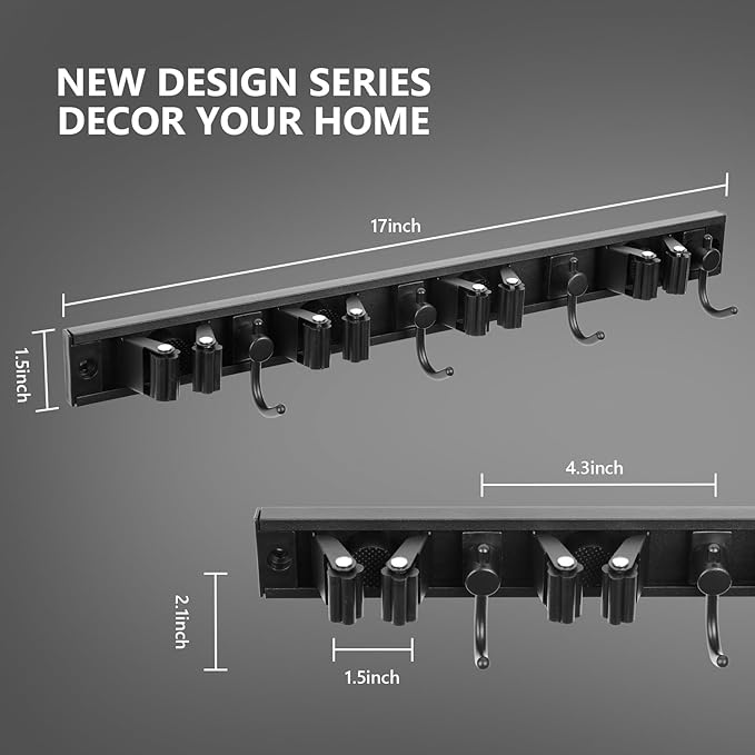 YA MI Mop holder, broom holder, stainless steel wall hanging tool storage device with 4 hooks in 4 positions, suitable for home bathrooms, kitchens, and gardens