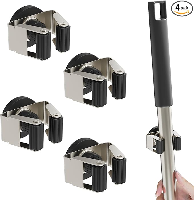 4 Pack Magnetic Mop Broom Holder, Heavy Duty Magnetic Mop Hanger for Refrigerators, Magnetic Mount Mop Broom Holder for Laundry Room Garage Kitchen Workshops Metal Shed