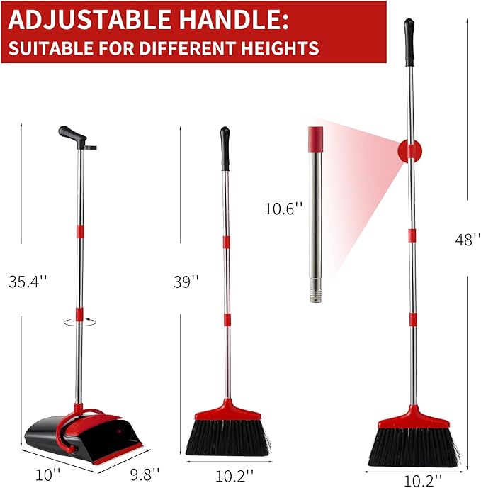 Broom and Dustpan Set Lightweight Upright Lobby Broom and Dust Pan Combo with Long Handle Outdoor Indoor for Home Kitchen Room Office (Red and Black)