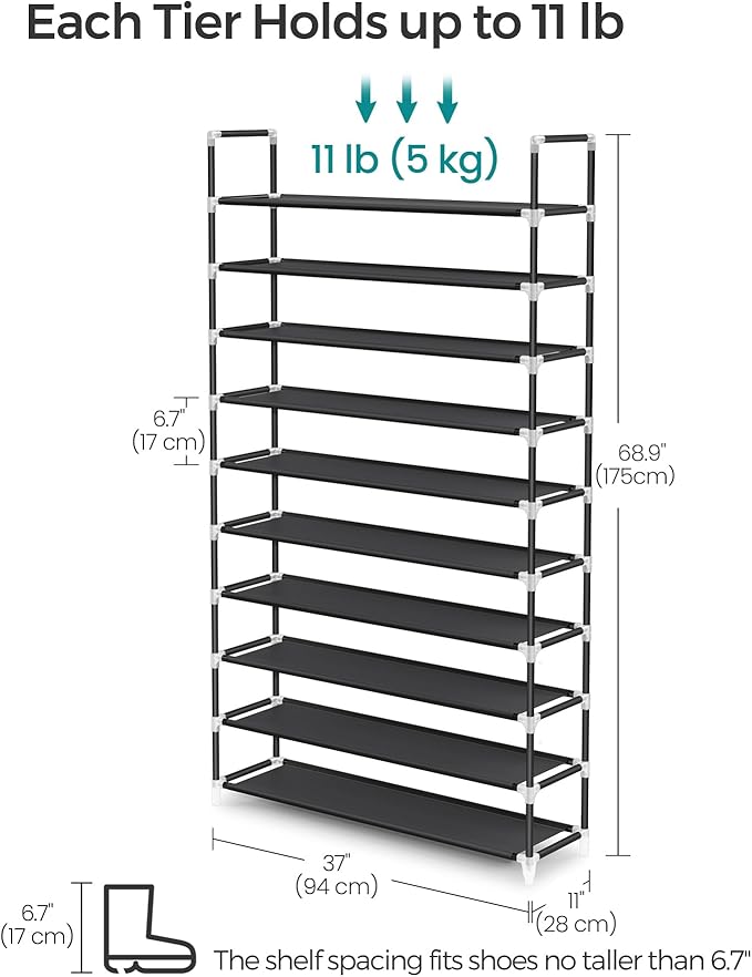 SONGMICS 10-Tier Shoe Rack, Shoe Storage for Hallway Closet, Slim and Space-Saving, Metal Frame, Non-Woven Fabric Shelves, Black ULSH11H