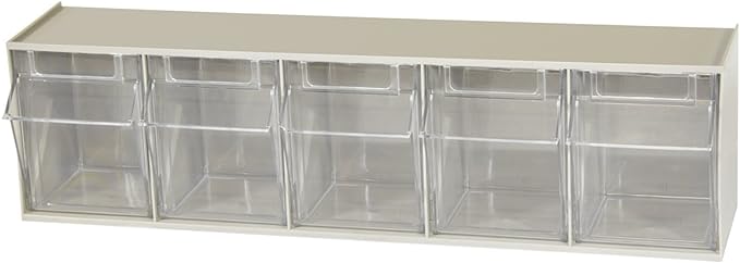 Akro-Mils TiltView Plastic Storage Cabinet with 5 Tilt Out Bins, Horizontal Plastic Parts Organizer, Teacher Toolbox, and Office Supply Organizer, 23-5/8" W x 6-1/2" H x 5-5/8" D, Stone