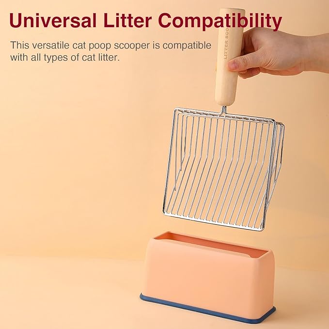 Cat Litter Scoops with Base Bracket, Kitty Scoop, Metal Cat Litter Scoop - Heavy Duty Litter Scooper & Speed Sifter with Comfortable Beech Wood Grip - Heavy Duty and Easy Clean