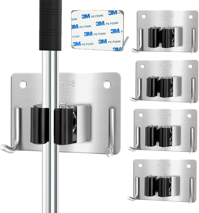 Mop and Broom Holder Wall Mount Stainless Steel 304 Tool Garage Organization Rack Scew and Self Adhesive Broom Hanger Heavy Duty 4pcs