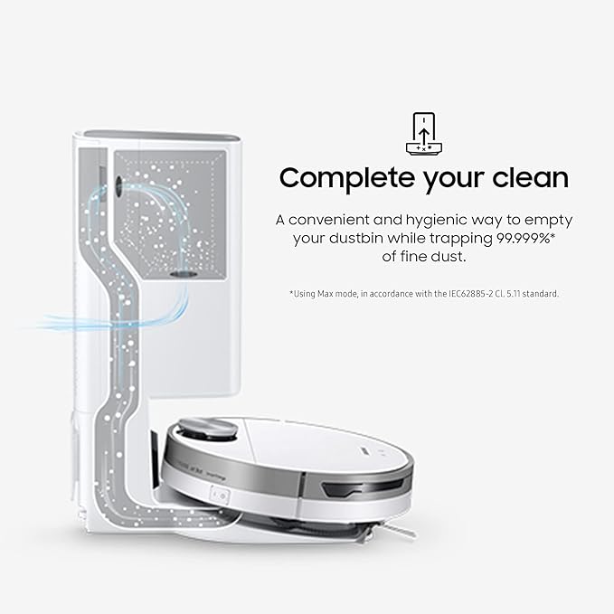 SAMSUNG Jet Bot+ Robot Vacuum Cleaner w/ Clean Station, Automatic Emptying, Precision Cleaning, 5-Layer Filter, Intelligent Power Control for Hardwood Floors, Carpets, Area Rugs, VR30T85513W/AA, White