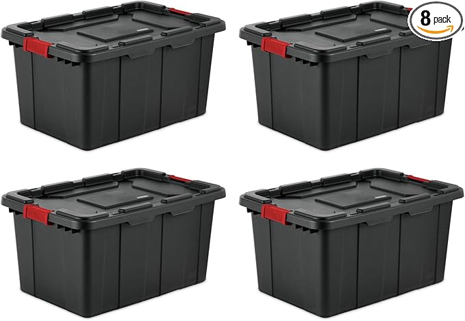 Sterilite 8-Pack Industrial Tote, Plastic Storage Bins with Lids, 27 Gallon, Black - Heavy-Duty Organizing Containers for Closet, Bathroom, and Office