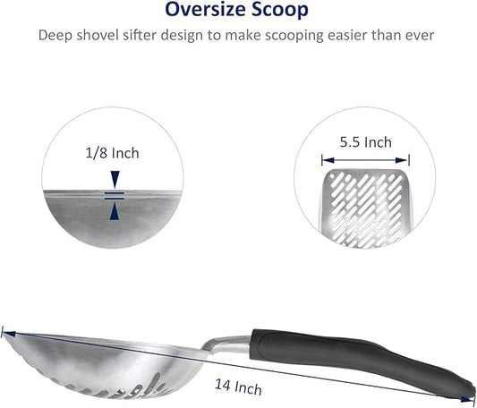 WePet Cat Litter Scoop, Aluminum Alloy Sifter, Kitty Metal Scooper, Deep Shovel with Diagonal Sifting Hole, Long Handle, Kitten Poop Lifter for Litter Box, Large Size, Black Handle