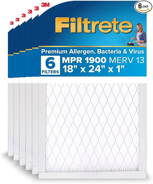 Filtrete 18x24x1 AC Furnace Air Filter, MERV 13, MPR 1900, Premium Allergen, Bacteria & Virus Filter, 3-Month Pleated 1-Inch Electrostatic Air Cleaning Filter, 6-Pack (Actual Size 17.81x23.81x0.78 in)