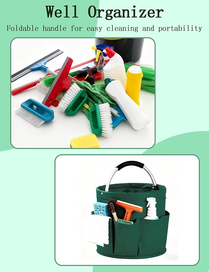 Cleaning Caddy with Handle, Cleaning Products Organiser, Foldable Storage Basket, Large Supply Organiser 17L with 6 Pockets, Portable Cleaning Caddy for Home & Garden (Green)
