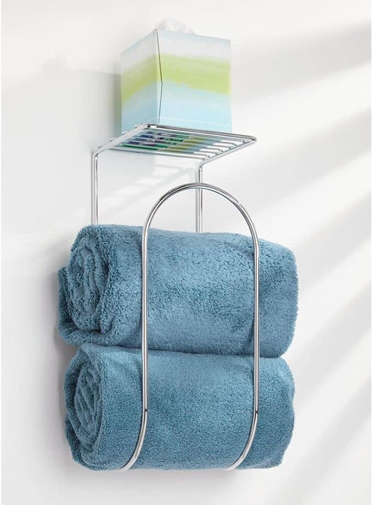 mDesign Modern Metal Wire Wall Mount Towel Rack Holder and Organizer with Storage Shelf - for Bathroom Towels, Washcloths, Hand Towels - Decorative Curved Design - Chrome