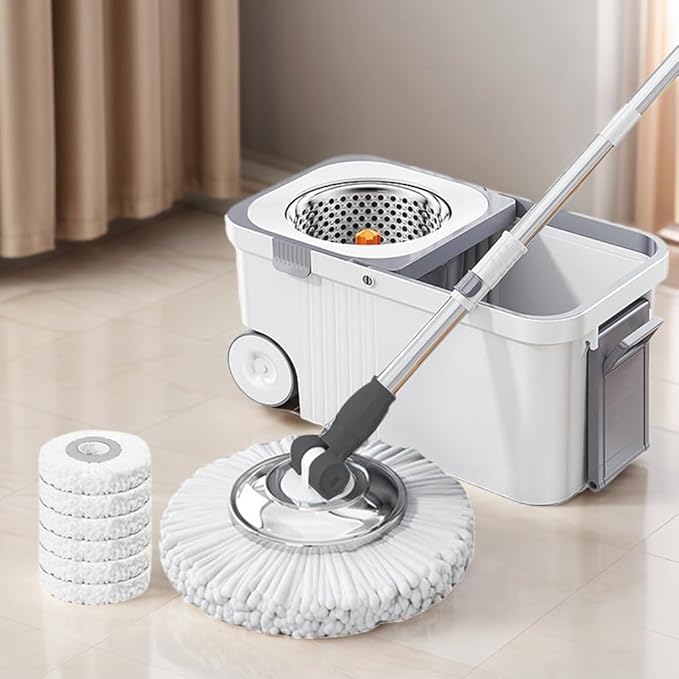 360 Spinning Floor Cleaning System with 6 Extra Refills Heads Extended Handle Household Cleaning Automatic Hand-Free Automatic Dehydration Mop for Household Floor Cleaning (White Blue)