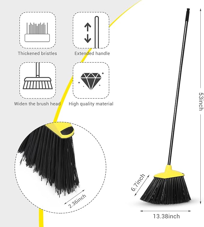 12 Pcs Heavy Duty 53 Inch Commercial Angle Brooms for Sweeping Indoor Outdoor - Black Broom with Long Handle for Garage, Courtyard, Patio, Lobby, Mall, Market, Shop, Sidewalk, Floor (Yellow)