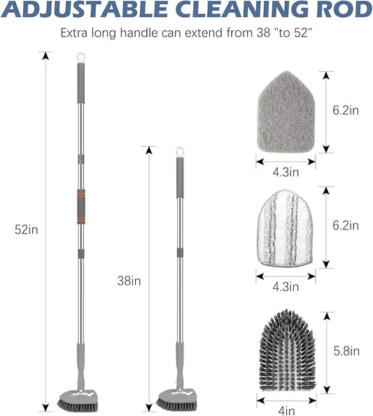 SetSail Floor Scrub Brush, 3-In-1 Tile Tub Floor Scrubber with 52-inch Adjustable Long Handle Shower Cleaner Brush and 4 Detachable Replacement Brush Heads for Cleaning Bathroom Kitchen Tub Tile, Grey